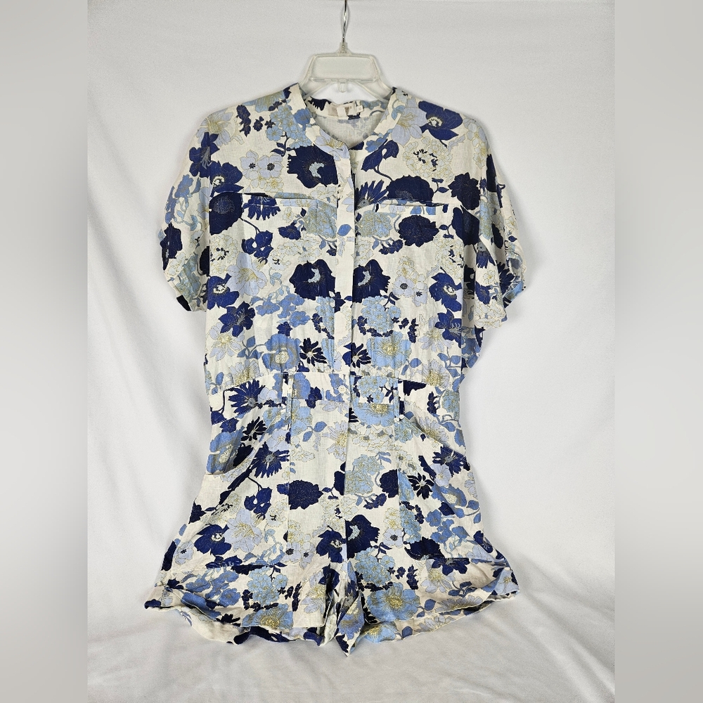 Ted Baker Sz 2X Floral Blue and White Romper 100% LINEN. Beach Vaca!